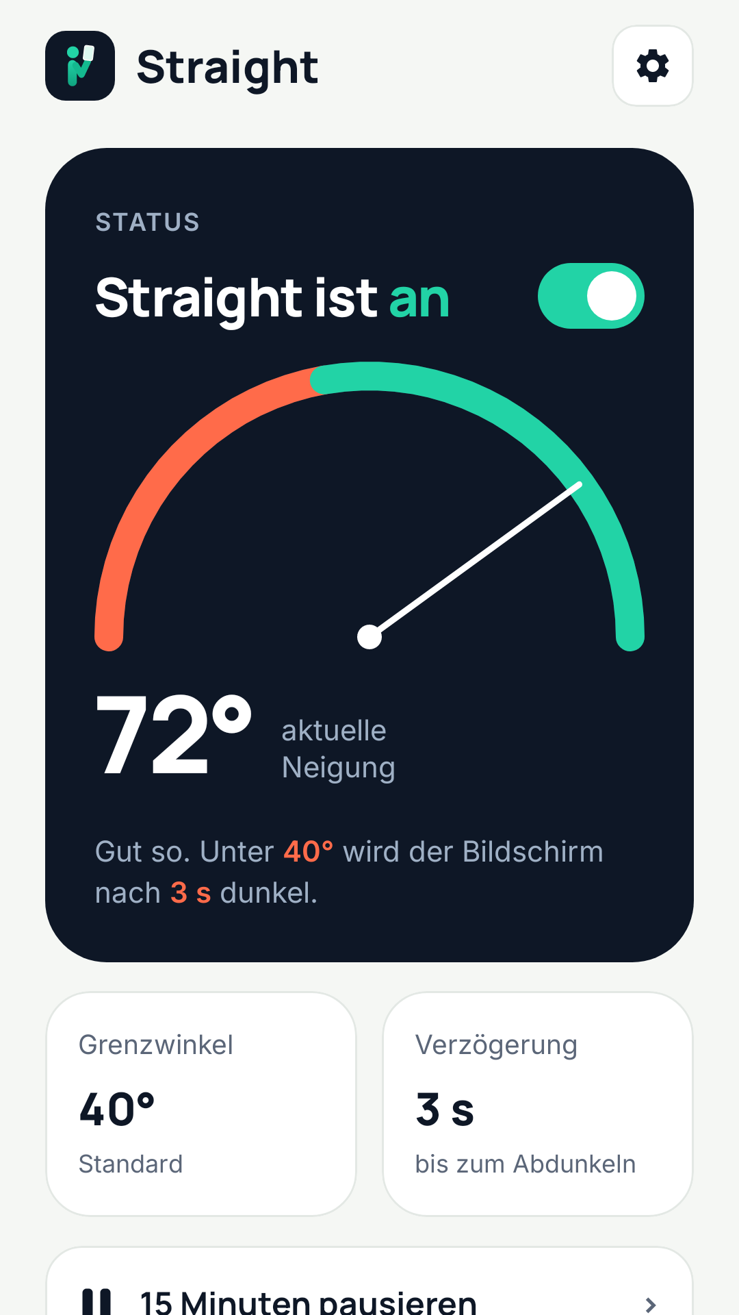 Straight ist an. Der Bogen zeigt 72 Grad, der Grenzwinkel steht auf 40 Grad.