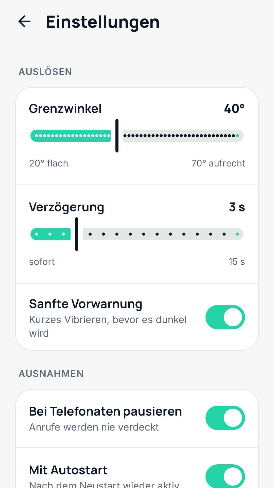 Einstellungen für Grenzwinkel, Verzögerung, Vorwarnung und Anrufe.